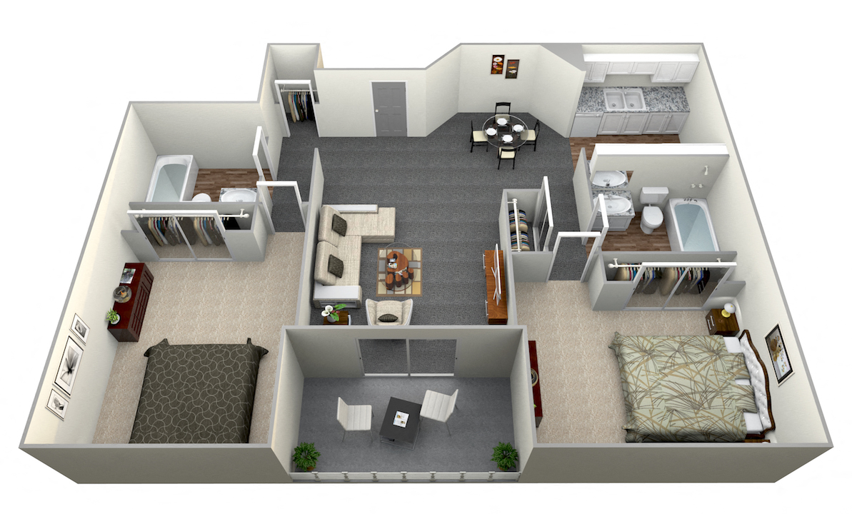 Floor plan for 2 beds, 2 baths, 935 sqft